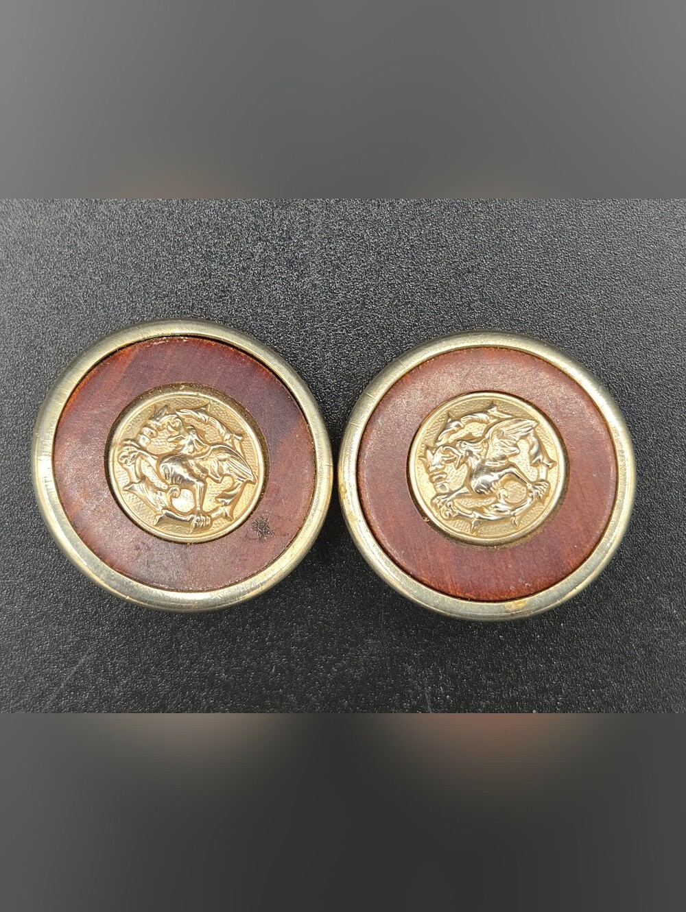 Vintage Wooden Griffon Clip On Button Earrings